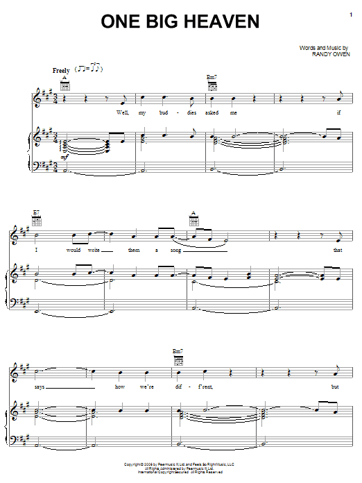 Learn to play Alabama One Big Heaven sheet music for Piano, Vocal & Guitar Chords (Right-Hand Melody) in minutes. Price: 7.8900$ Alabama One Big Heaven sheet music notes and chords arranged for Piano, Vocal & Guitar Chords (Right-Hand Melody)