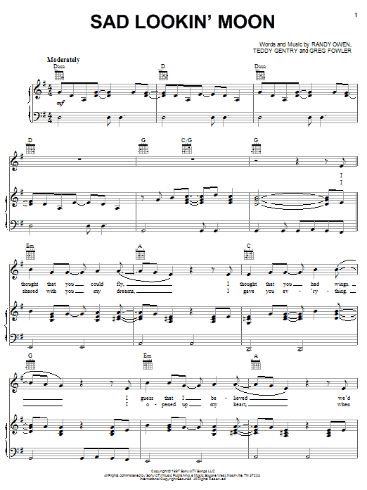 Alabama Sad Lookin' Moon sheet music notes and chords arranged for Piano, Vocal & Guitar Chords (Right-Hand Melody)