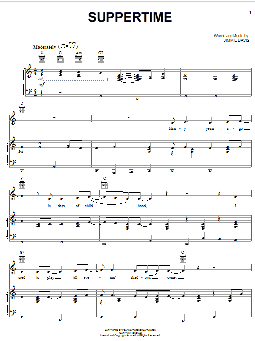 Learn to play Alabama Suppertime sheet music for Piano, Vocal & Guitar Chords (Right-Hand Melody) in minutes. Price: 7.8900$ Alabama Suppertime sheet music notes and chords arranged for Piano, Vocal & Guitar Chords (Right-Hand Melody)