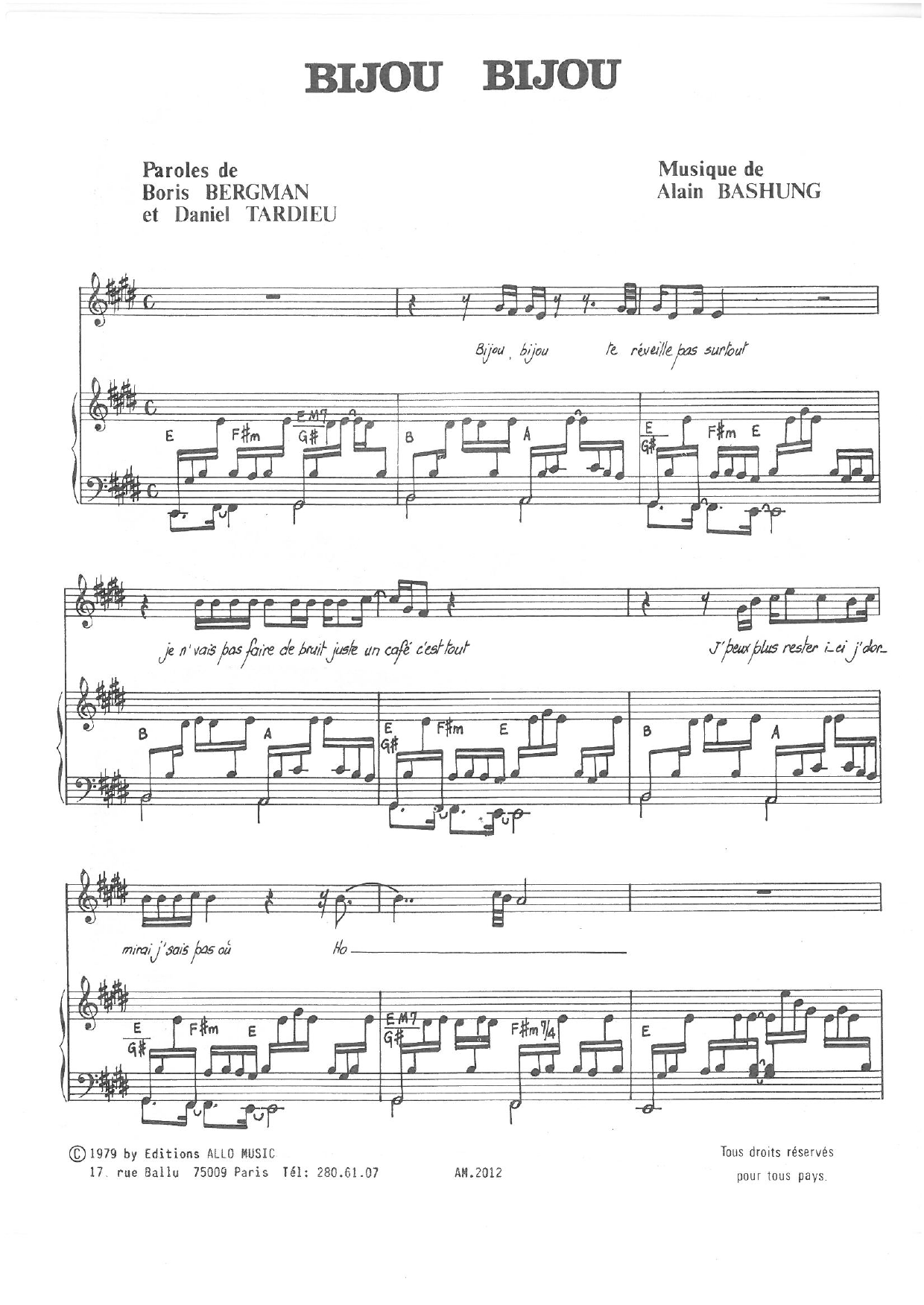 Alain Bashung Bijou Bijou sheet music notes and chords. Download Printable PDF.