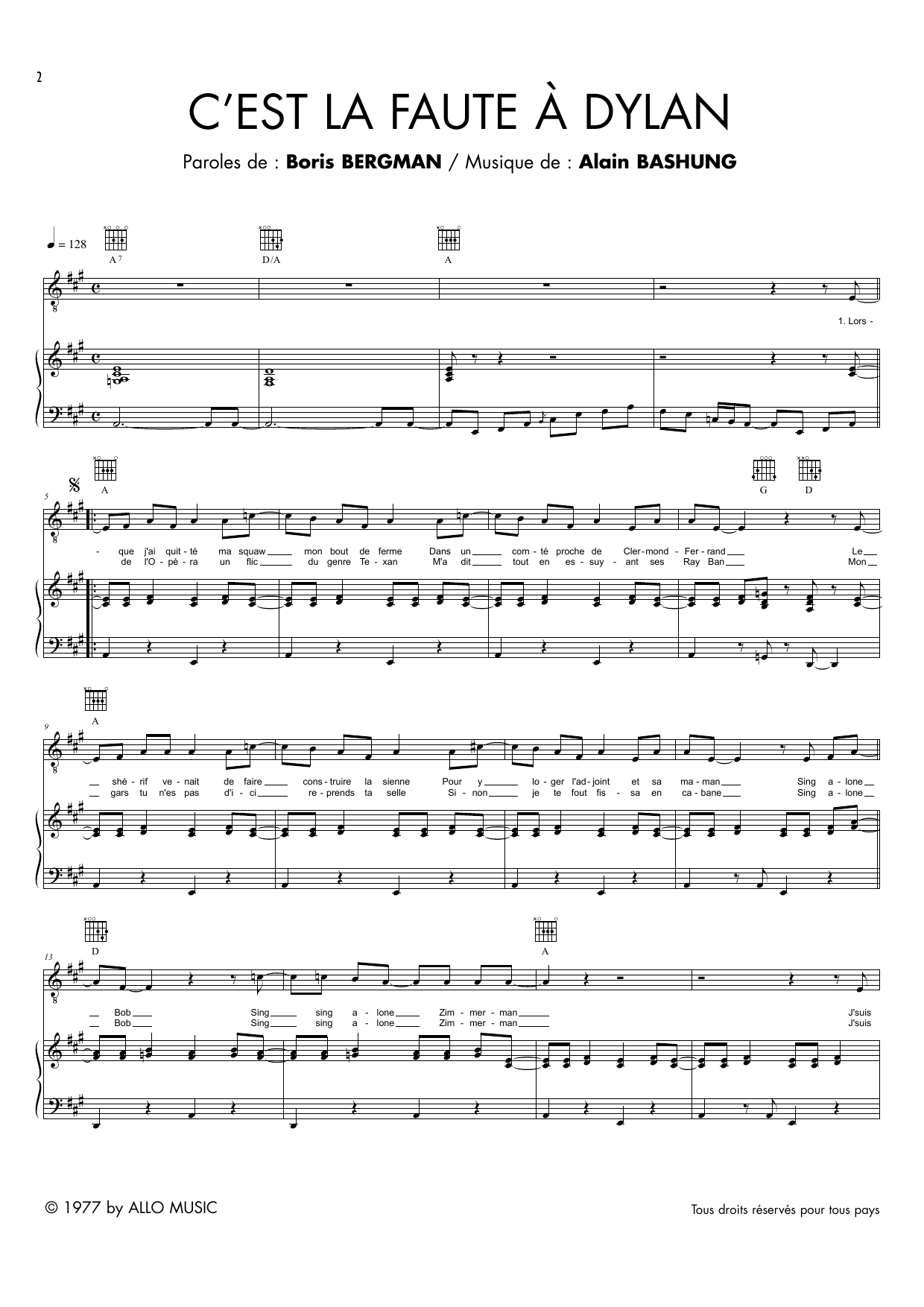 Alain Bashung C'est La Faute A Dylan sheet music notes and chords. Download Printable PDF.