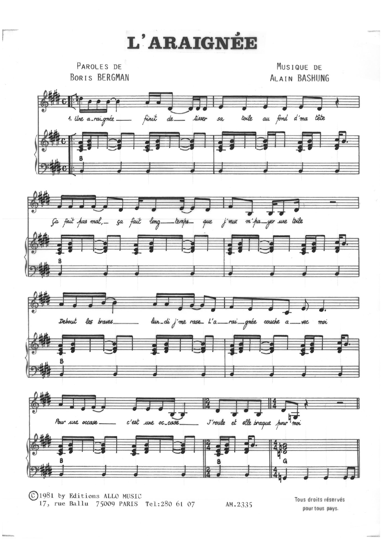 Alain Bashung L'araignee sheet music notes and chords. Download Printable PDF.