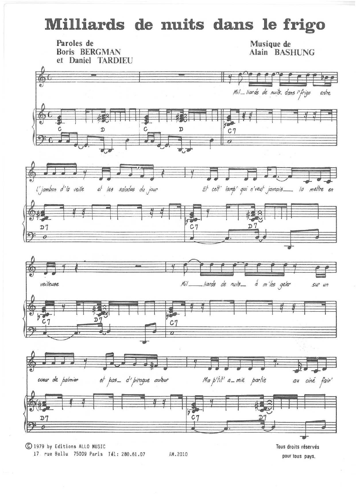 Alain Bashung Milliards De Nuits Dans Le Frigo sheet music notes and chords. Download Printable PDF.