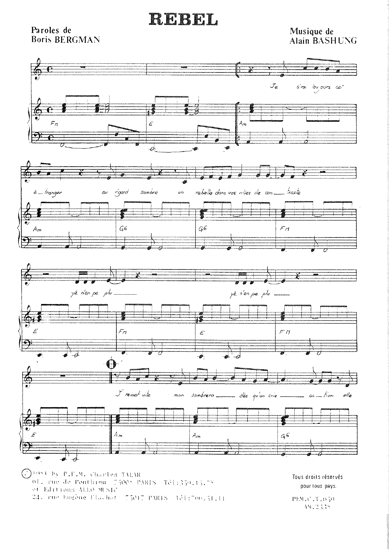 Alain Bashung Rebel sheet music notes and chords. Download Printable PDF.