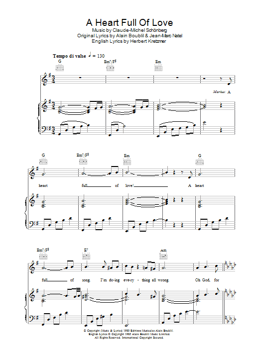 Learn to play Alain Boublil A Heart Full Of Love (from Les Miserables) sheet music for Piano, Vocal & Guitar Chords in minutes. Price: 7.8900$ Alain Boublil A Heart Full Of Love (from Les Miserables) sheet music notes and chords arranged for Piano, Vocal & Guitar Chords