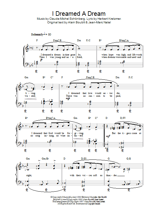 Alain Boublil I Dreamed A Dream (from Les Miserables) sheet music notes and chords. Download Printable PDF.