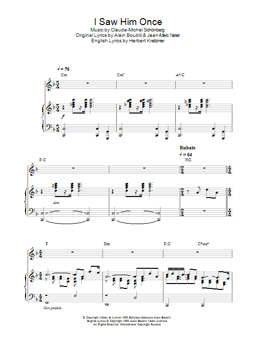 Learn to play Boublil and Schonberg I Saw Him Once (from Les Miserables) sheet music for Piano, Vocal & Guitar Chords in minutes. Price: 7.8900$ Boublil and Schonberg I Saw Him Once (from Les Miserables) sheet music notes and chords arranged for Piano, Vocal & Guitar Chords