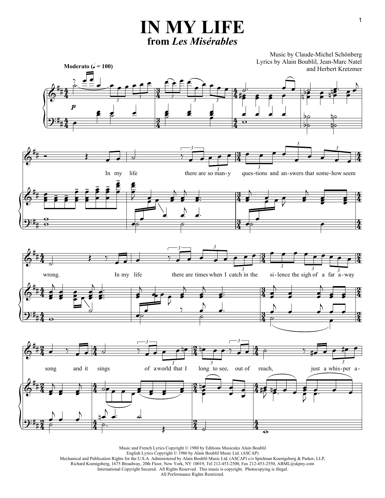 Alain Boublil In My Life (from Les Miserables) sheet music notes and chords. Download Printable PDF.