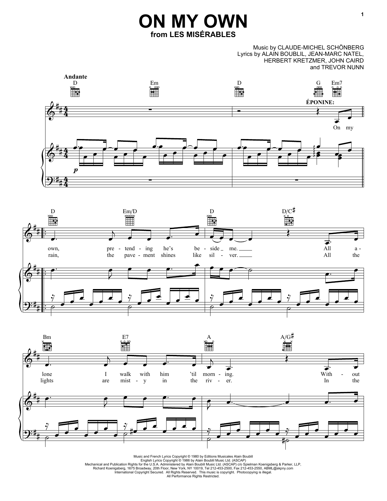 Alain Boublil On My Own (from Les Miserables) sheet music notes and chords. Download Printable PDF.