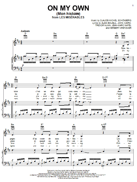 Alain Boublil On My Own (Mon Histoire) [French version] sheet music notes and chords. Download Printable PDF.