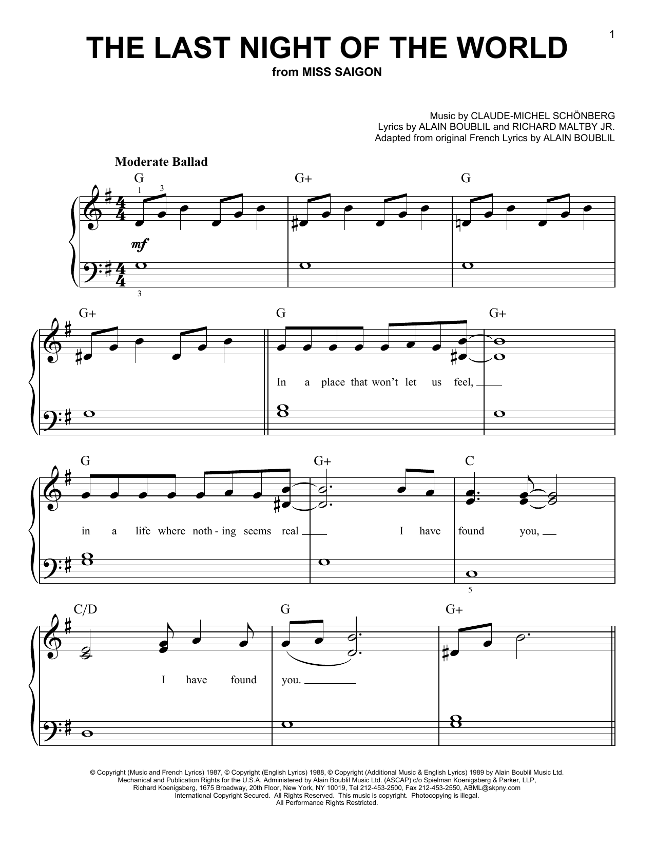 Alain Boublil The Last Night Of The World sheet music notes and chords. Download Printable PDF.