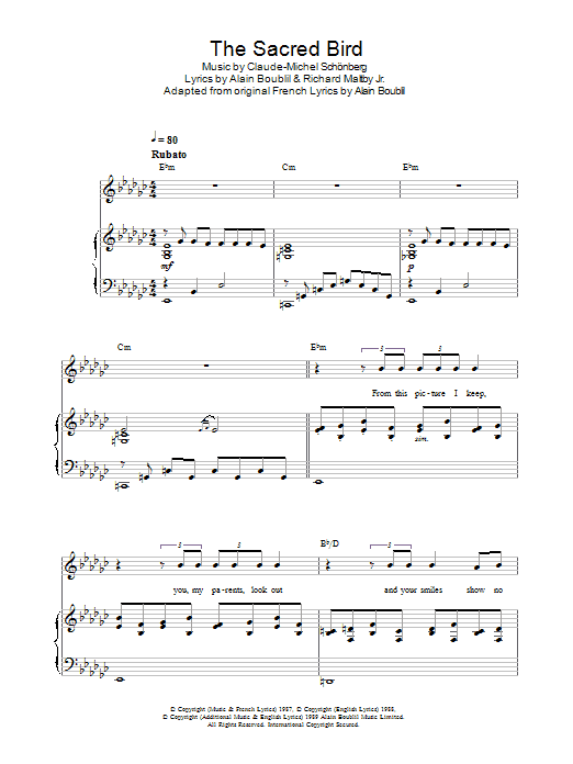 Boublil and Schonberg The Sacred Bird (from Miss Saigon) sheet music notes and chords arranged for Piano, Vocal & Guitar Chords