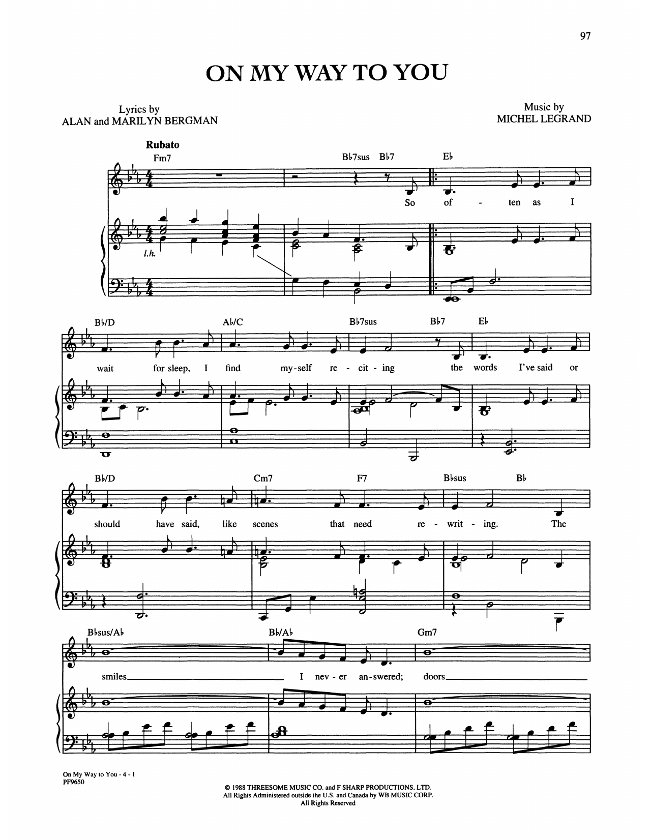 Alan and Marilyn Bergman and Michel Legrand On My Way To You sheet music notes and chords. Download Printable PDF.