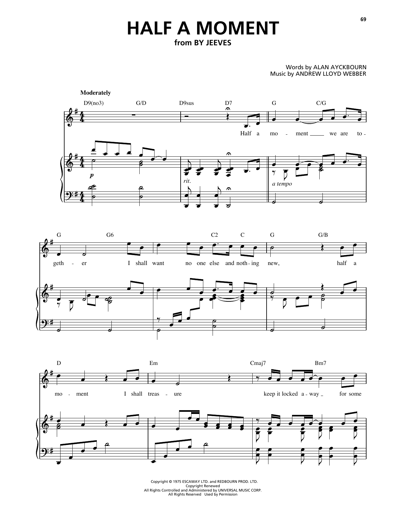 Learn to play Alan Ayckbourn Half A Moment (from By Jeeves) sheet music for Piano, Vocal & Guitar Chords (Right-Hand Melody) in minutes. Price: 7.8900$ Alan Ayckbourn Half A Moment (from By Jeeves) sheet music notes and chords arranged for Piano, Vocal & Guitar Chords (Right-Hand Melody)