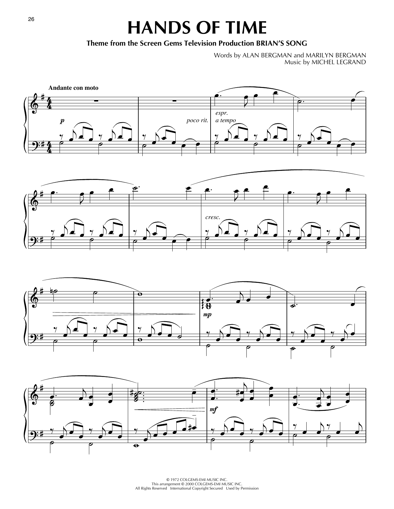 Alan Bergman Hands Of Time (from Brian's Song) (arr. Phillip Keveren) sheet music notes and chords. Download Printable PDF.