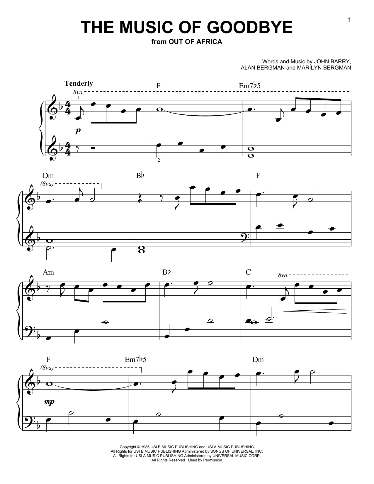 Alan Bergman The Music Of Goodbye (from Out of Africa) sheet music notes and chords. Download Printable PDF.