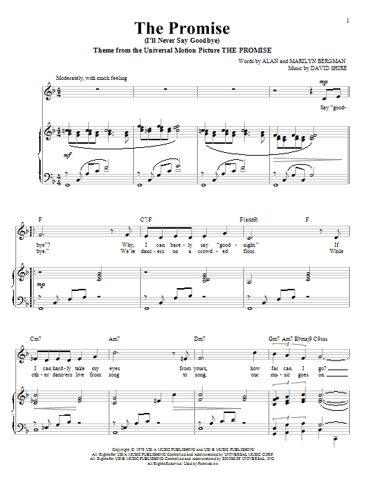 Alan Bergman The Promise (I'll Never Say Goodbye) sheet music notes and chords. Download Printable PDF.