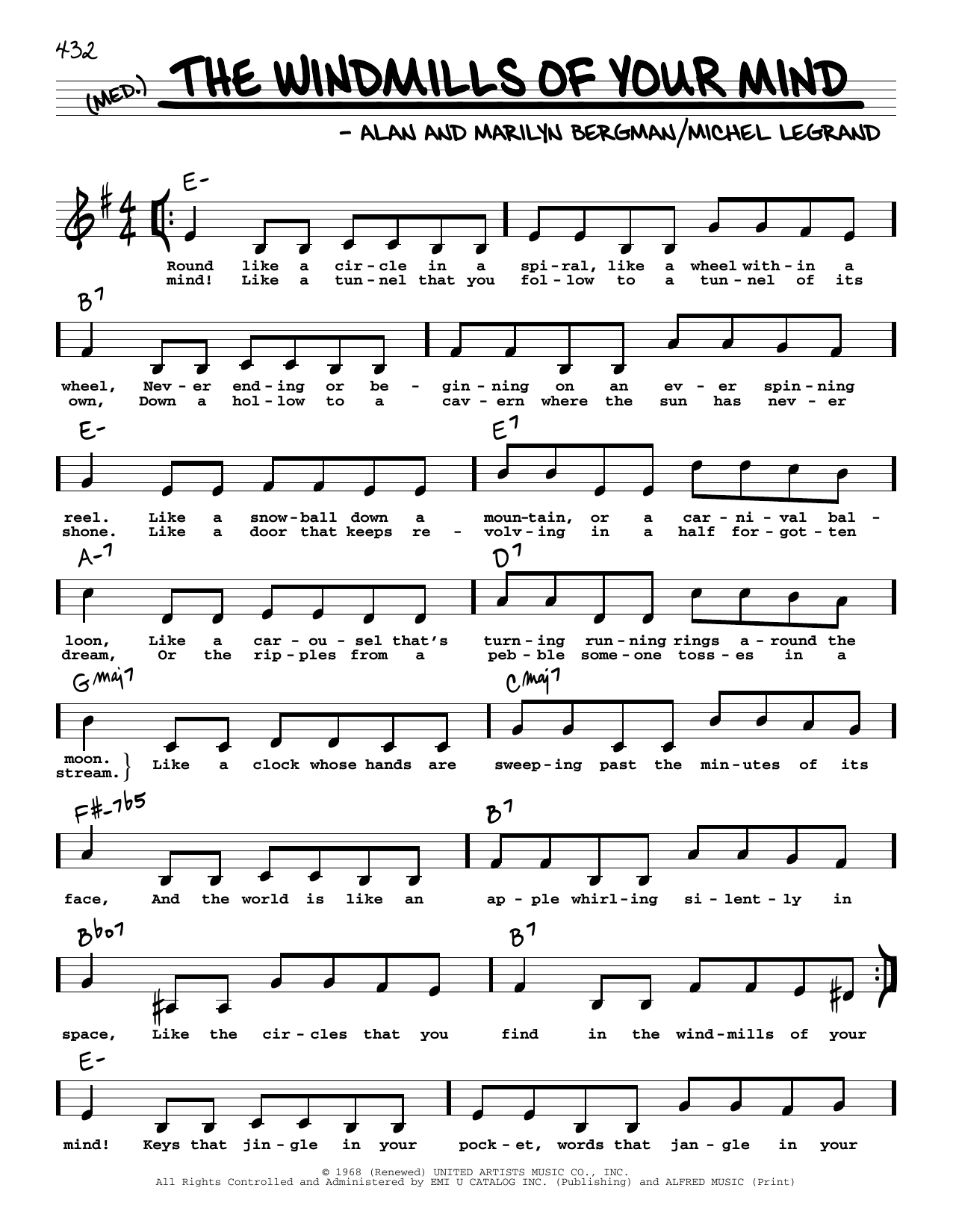 Alan Bergman The Windmills Of Your Mind (High Voice) sheet music notes and chords. Download Printable PDF.