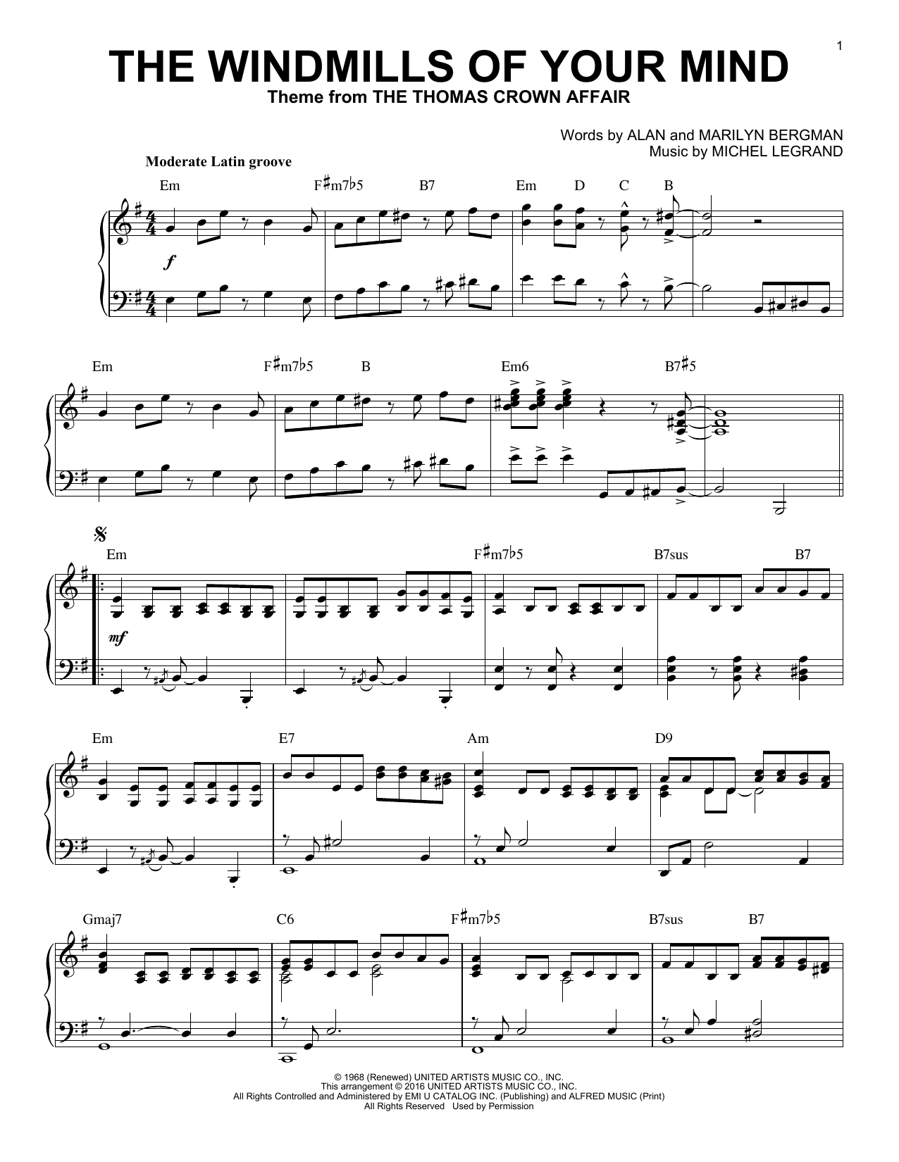 Alan Bergman The Windmills Of Your Mind [Jazz version] (arr. Brent Edstrom) sheet music notes and chords. Download Printable PDF.