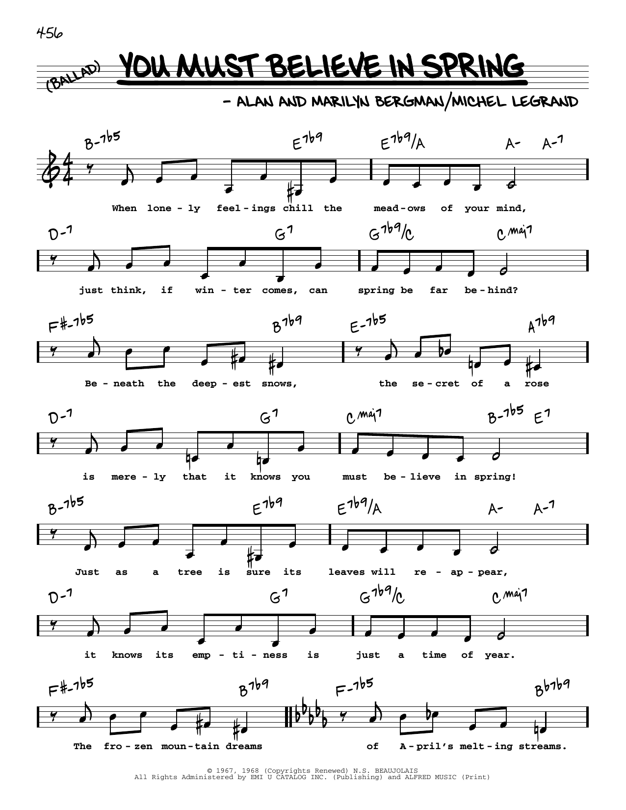 Alan Bergman You Must Believe In Spring (Low Voice) sheet music notes and chords. Download Printable PDF.