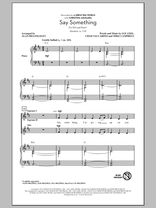 A Great Big World and Christina Aguilera Say Something (arr. Alan Billingsley) sheet music notes and chords. Download Printable PDF.