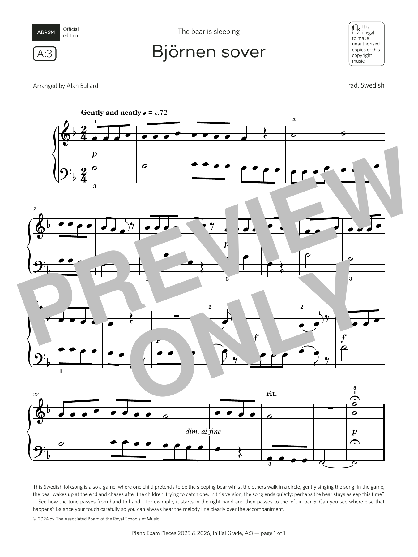 Alan Bullard Bjørnen sover (Grade Initial, list A3, from the ABRSM Piano Syllabus 2025 & 2026) sheet music notes and chords. Download Printable PDF.