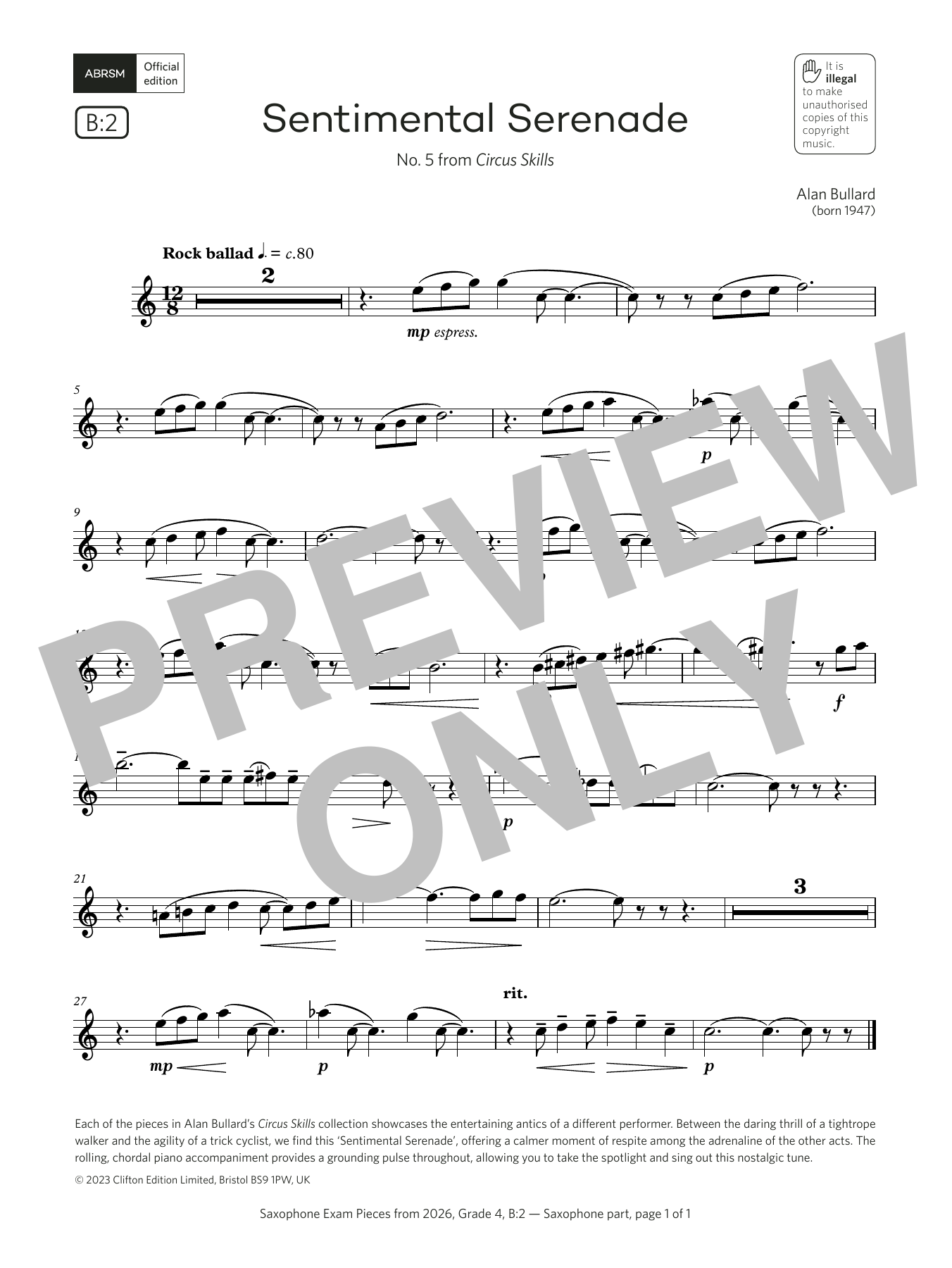Learn to play Alan Bullard Sentimental Serenade (Grade 4, list B2, from the ABRSM Saxophone Syllabus from 2026) sheet music for Alto Sax Solo in minutes. Price: 5.9900$ Alan Bullard Sentimental Serenade (Grade 4, list B2, from the ABRSM Saxophone Syllabus from 2026) sheet music notes and chords arranged for Alto Sax Solo