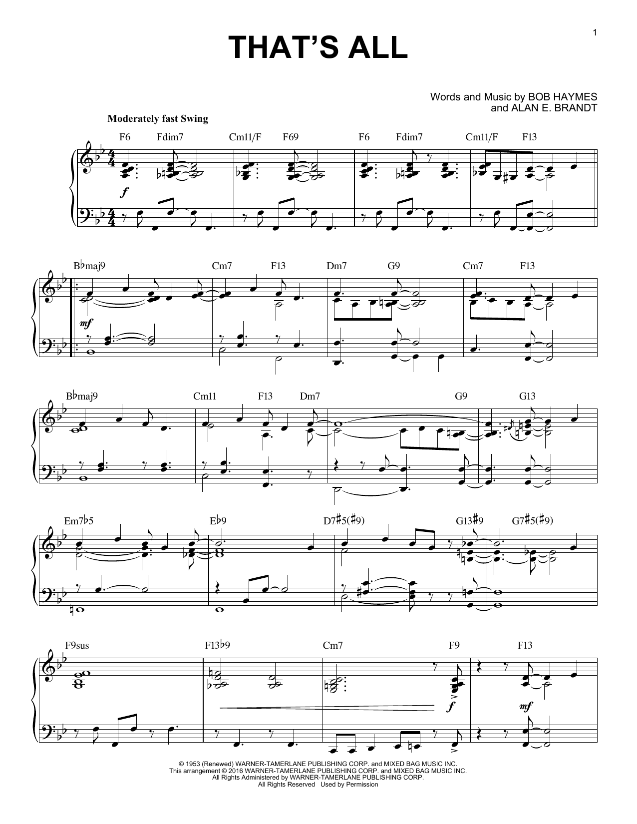 Alan E. Brandt That's All [Jazz version] (arr. Brent Edstrom) sheet music notes and chords. Download Printable PDF.