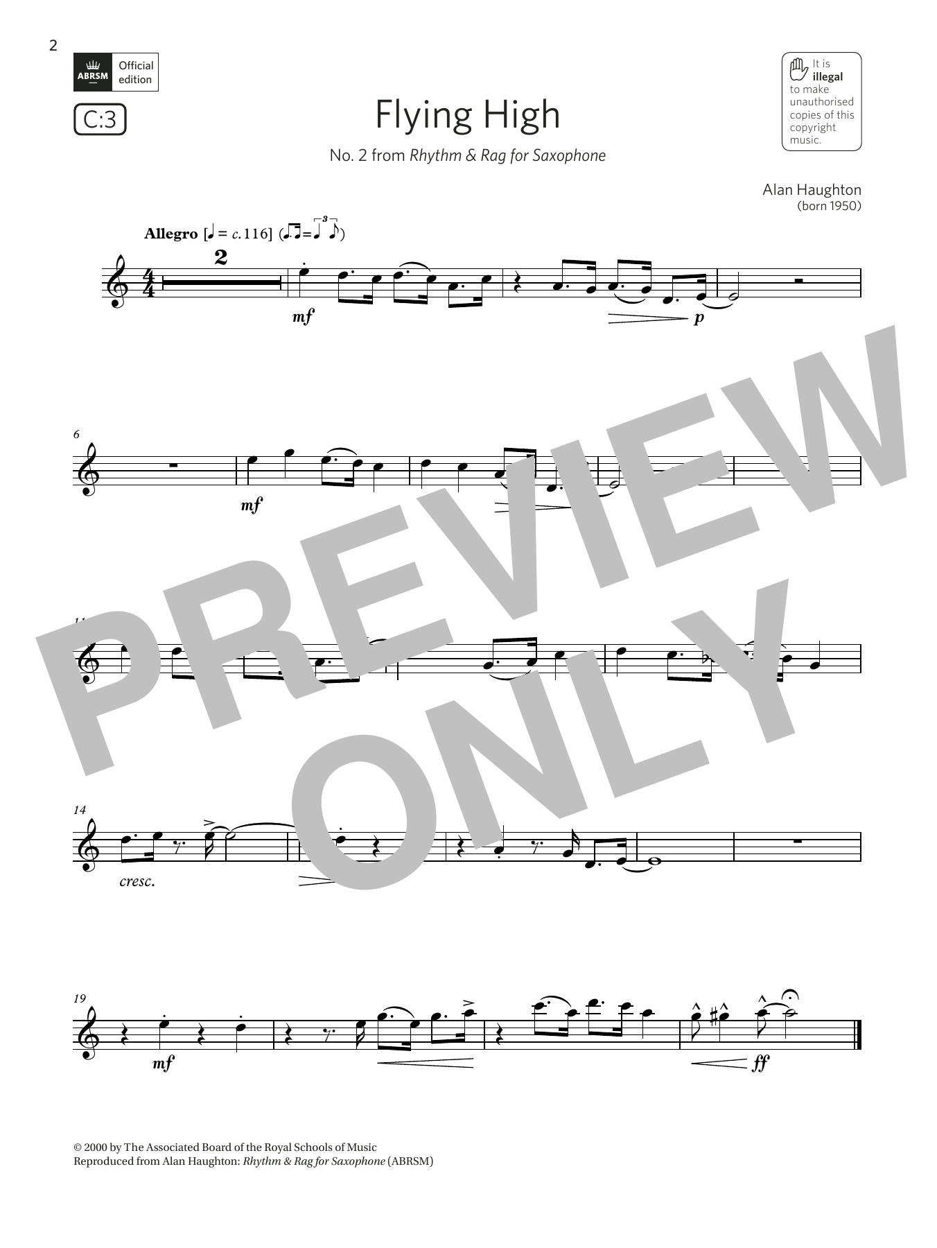 Alan Haughton Flying High (No. 2 from Rhythm & Rag) (Grade 2 List C3 from the ABRSM Saxophone syllabus from 2022) sheet music notes and chords. Download Printable PDF.