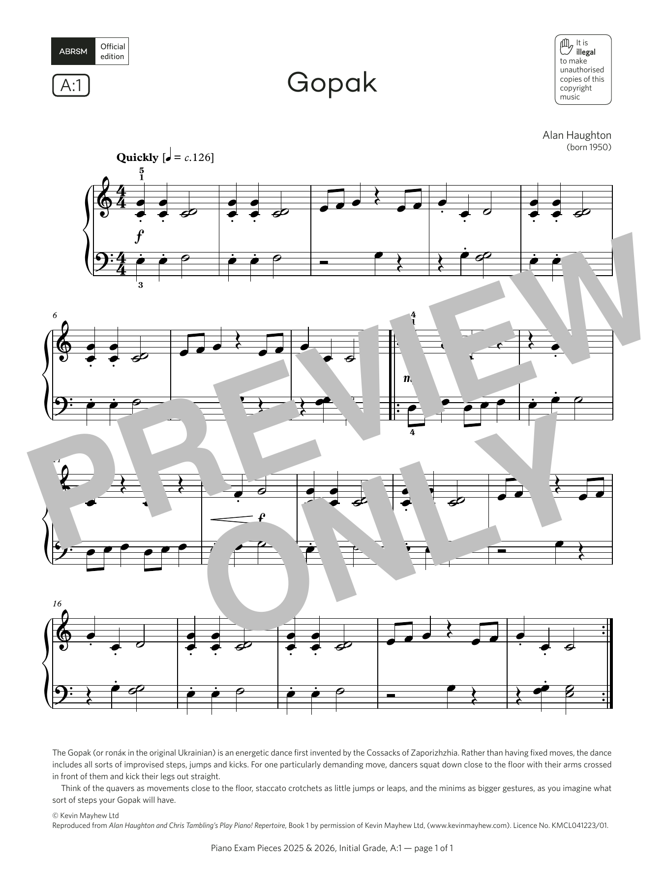 Alan Haughton Gopak (Grade Initial, list A1, from the ABRSM Piano Syllabus 2025 & 2026) sheet music notes and chords. Download Printable PDF.