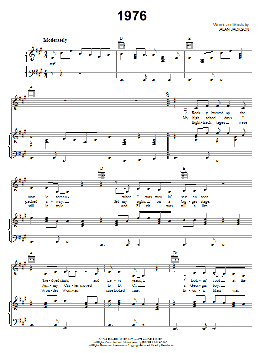 Learn to play Alan Jackson 1976 sheet music for Piano, Vocal & Guitar Chords (Right-Hand Melody) in minutes. Price: 7.8900$ Alan Jackson 1976 sheet music notes and chords arranged for Piano, Vocal & Guitar Chords (Right-Hand Melody)