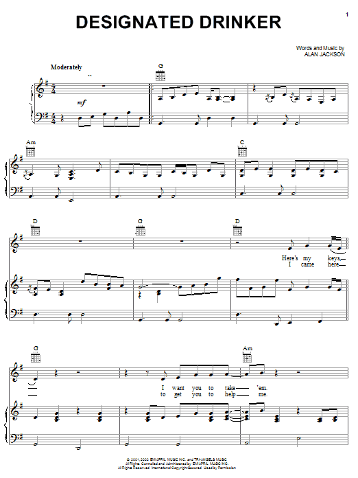 Learn to play Alan Jackson Designated Drinker sheet music for Piano, Vocal & Guitar Chords (Right-Hand Melody) in minutes. Price: 7.8900$ Alan Jackson Designated Drinker sheet music notes and chords arranged for Piano, Vocal & Guitar Chords (Right-Hand Melody)
