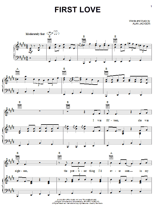 Learn to play Alan Jackson First Love sheet music for Piano, Vocal & Guitar Chords (Right-Hand Melody) in minutes. Price: 7.8900$ Alan Jackson First Love sheet music notes and chords arranged for Piano, Vocal & Guitar Chords (Right-Hand Melody)