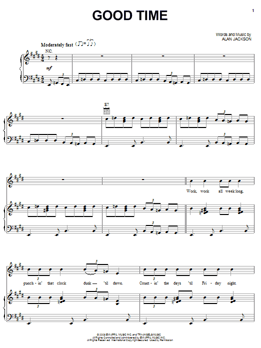 Alan Jackson Good Time sheet music notes and chords arranged for Piano, Vocal & Guitar Chords (Right-Hand Melody)