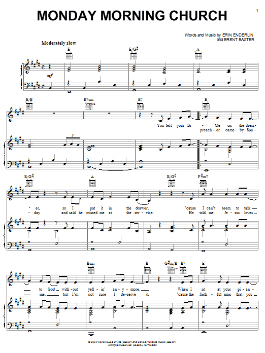 Alan Jackson Monday Morning Church sheet music notes and chords arranged for Piano, Vocal & Guitar Chords (Right-Hand Melody)