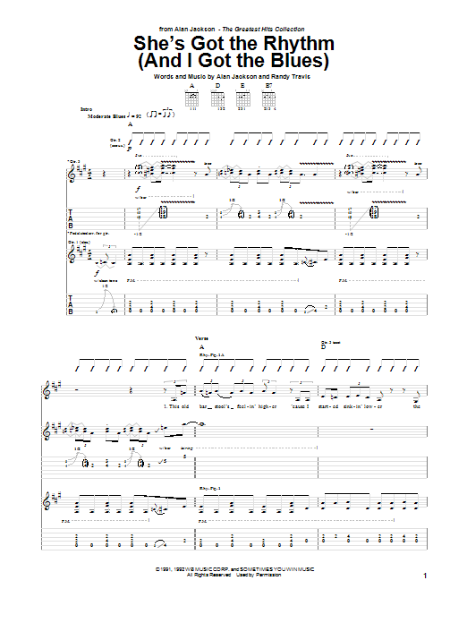 Learn to play Alan Jackson She's Got The Rhythm (And I Got The Blues) sheet music for Guitar Tab in minutes. Price: 7.8900$ Alan Jackson She's Got The Rhythm (And I Got The Blues) sheet music notes and chords arranged for Guitar Tab