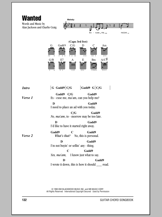 Alan Jackson Wanted sheet music notes and chords. Download Printable PDF.