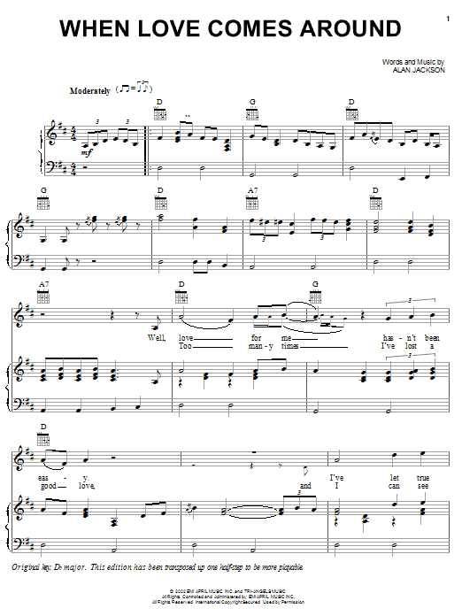 Learn to play Alan Jackson When Love Comes Around sheet music for Piano, Vocal & Guitar Chords (Right-Hand Melody) in minutes. Price: 7.8900$ Alan Jackson When Love Comes Around sheet music notes and chords arranged for Piano, Vocal & Guitar Chords (Right-Hand Melody)