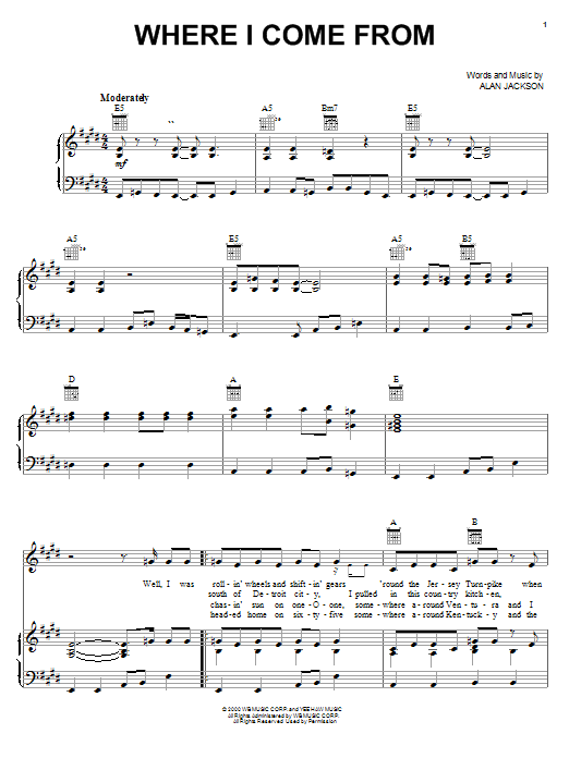 Alan Jackson Where I Come From sheet music notes and chords arranged for Piano, Vocal & Guitar Chords (Right-Hand Melody)