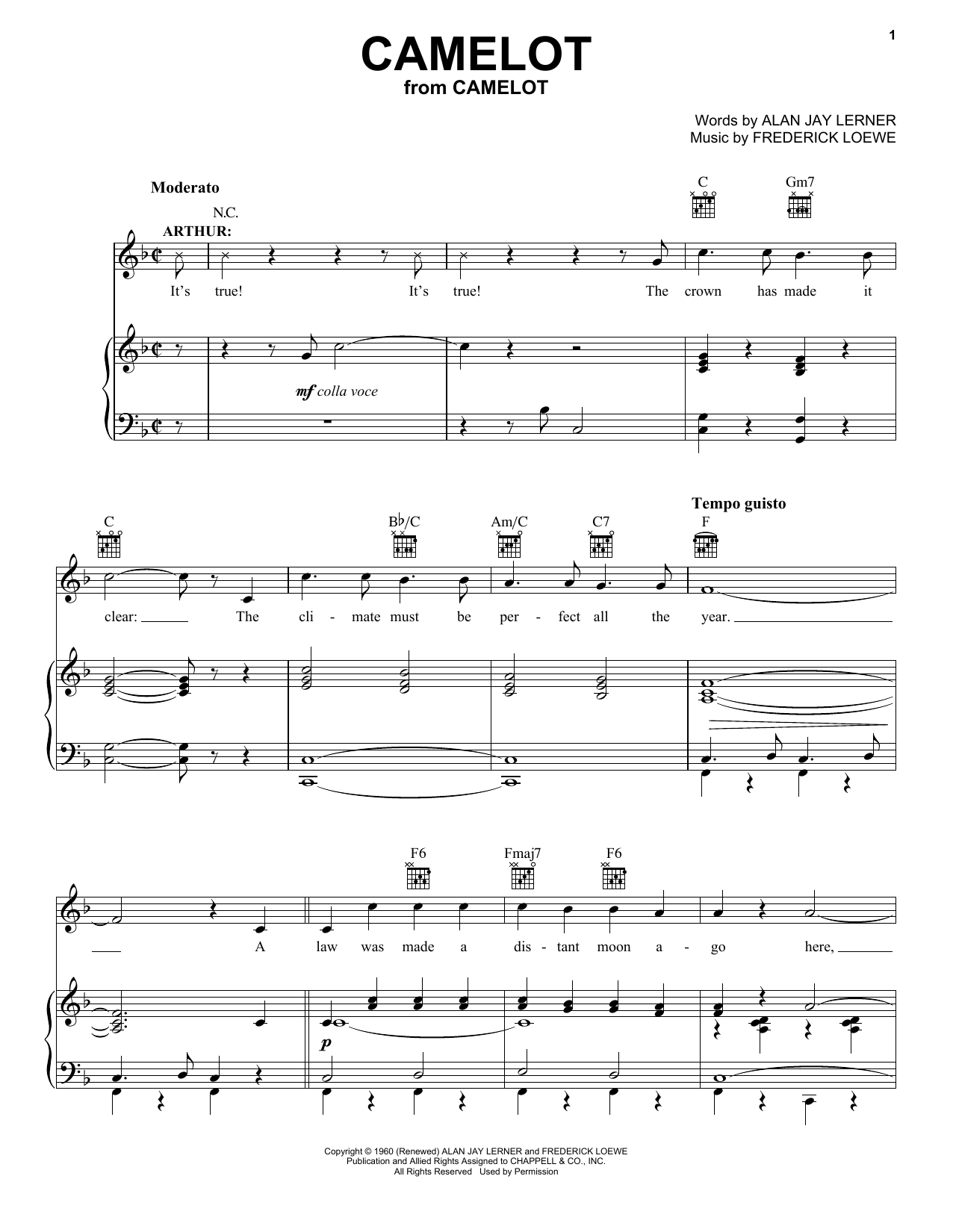 Alan Jay Lerner Camelot sheet music notes and chords arranged for Vocal Pro + Piano/Guitar