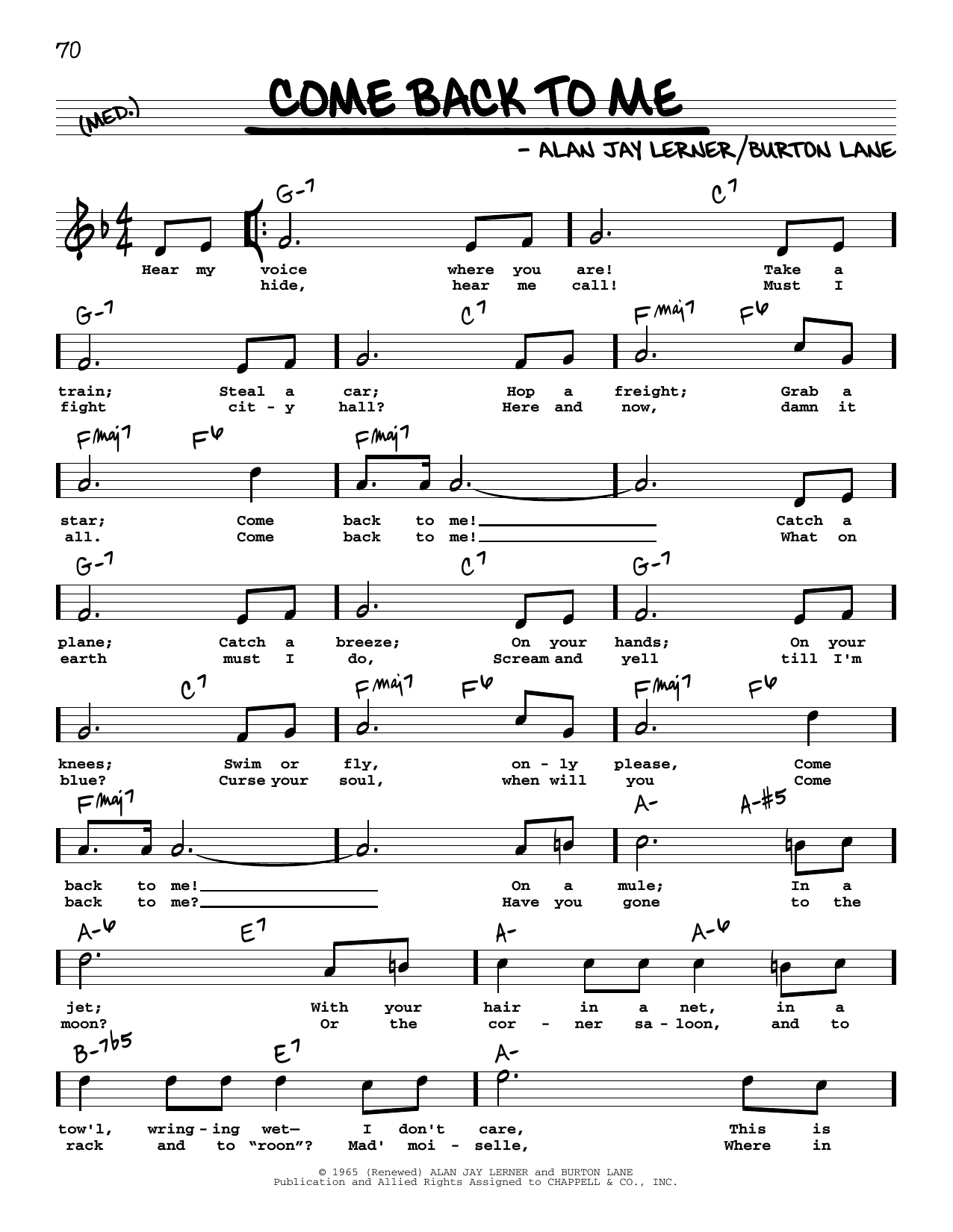 Alan Jay Lerner Come Back To Me (High Voice) sheet music notes and chords. Download Printable PDF.