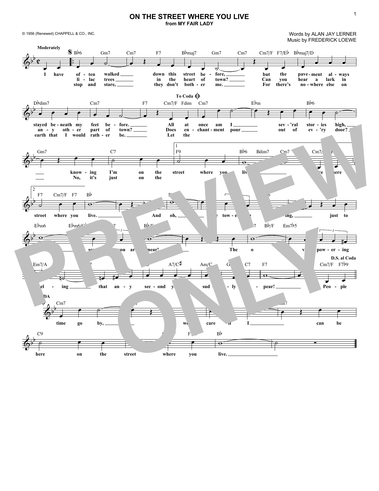 Alan Jay Lerner On The Street Where You Live sheet music notes and chords. Download Printable PDF.