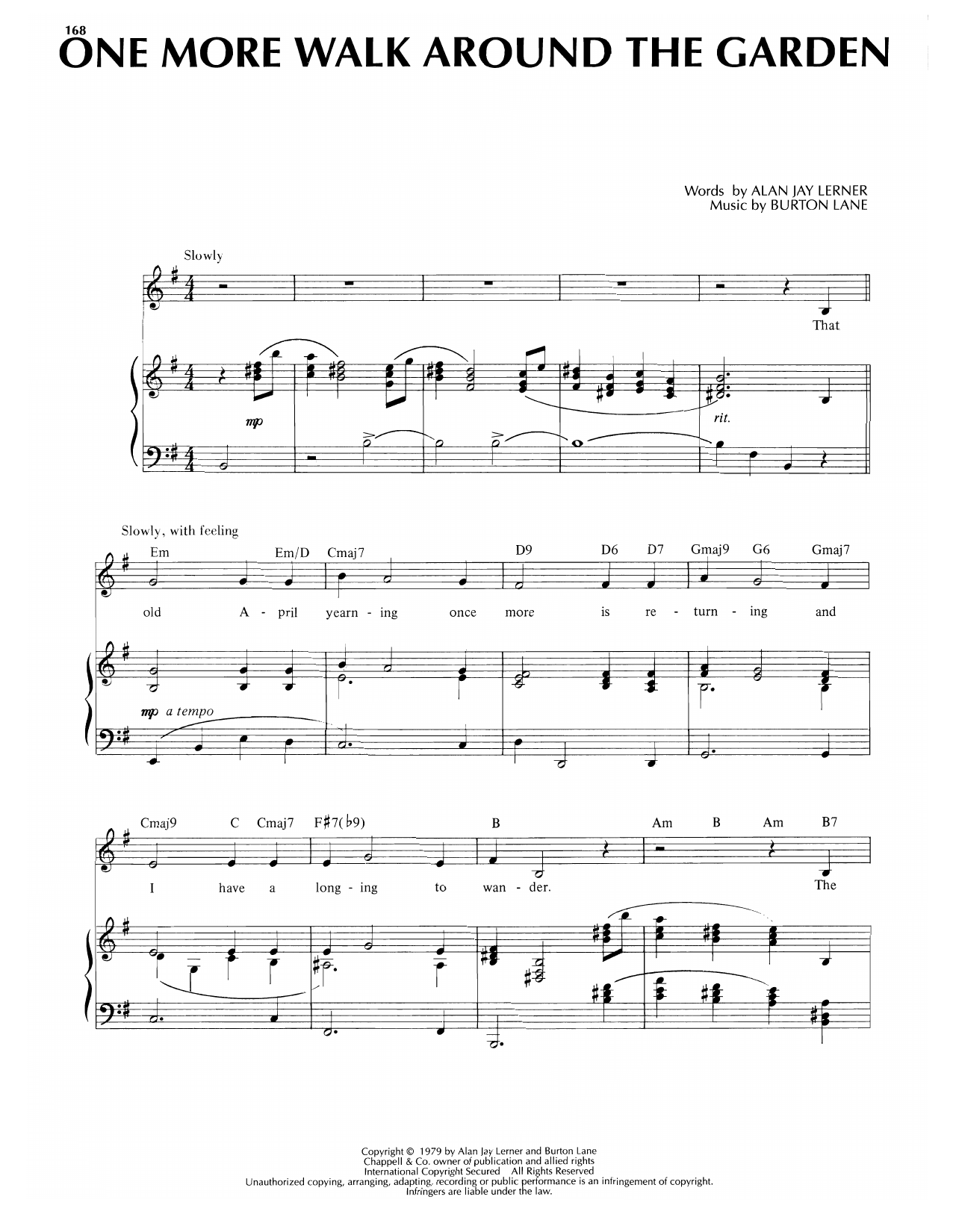 Learn to play Alan Jay Lerner One More Walk Around The Garden (from Carmelina) sheet music for Piano, Vocal & Guitar Chords (Right-Hand Melody) in minutes. Price: 7.8900$ Alan Jay Lerner One More Walk Around The Garden (from Carmelina) sheet music notes and chords arranged for Piano, Vocal & Guitar Chords (Right-Hand Melody)