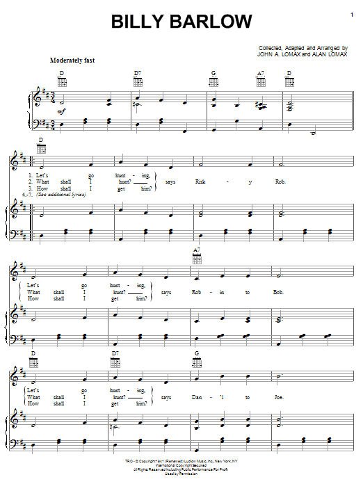 Alan Lomax Billy Barlow sheet music notes and chords arranged for Piano, Vocal & Guitar Chords (Right-Hand Melody)