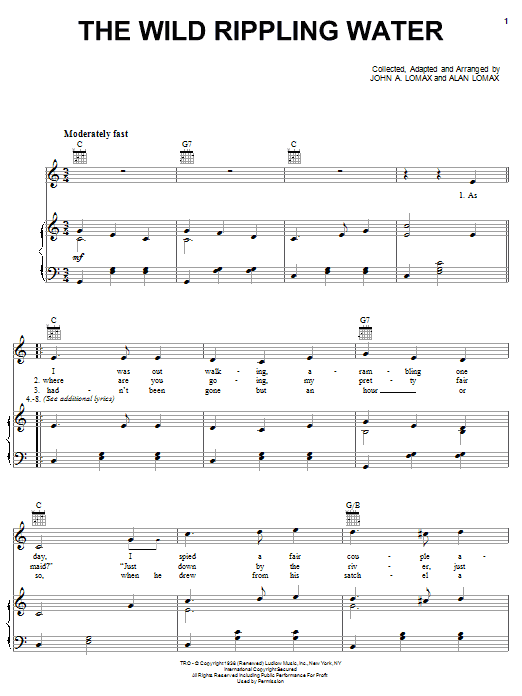 Alan Lomax The Wild Rippling Water sheet music notes and chords arranged for Piano, Vocal & Guitar Chords (Right-Hand Melody)