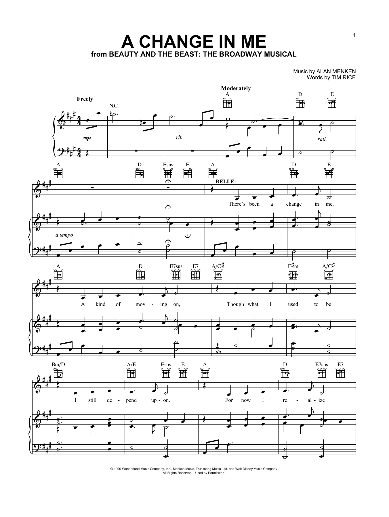 Alan Menken A Change In Me (from Beauty and the Beast: The Broadway Musical) sheet music notes and chords. Download Printable PDF.