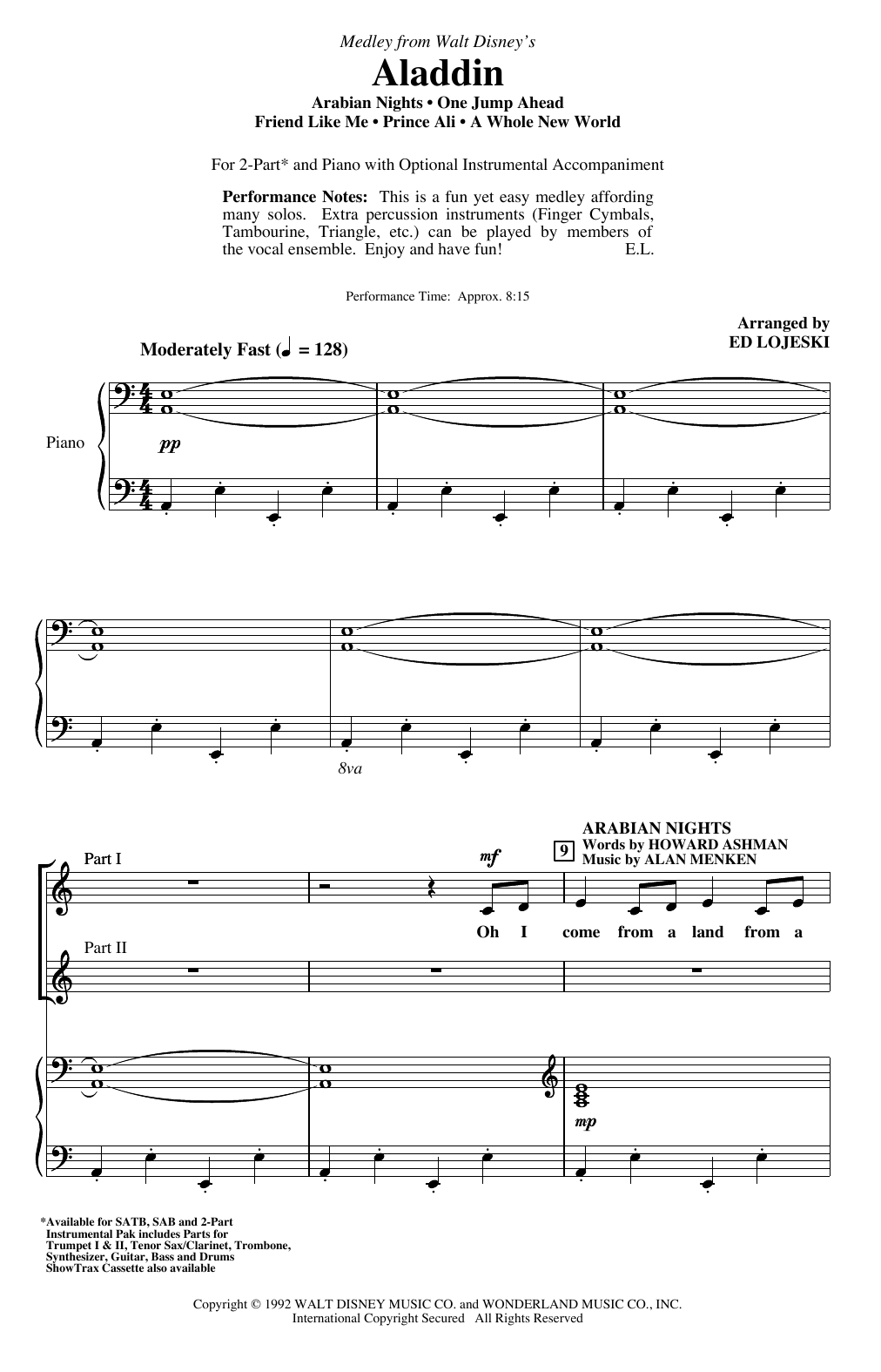 Alan Menken Aladdin (Medley) (from Disney's Aladdin) (arr. Ed Lojeski) sheet music notes and chords arranged for 2-Part Choir