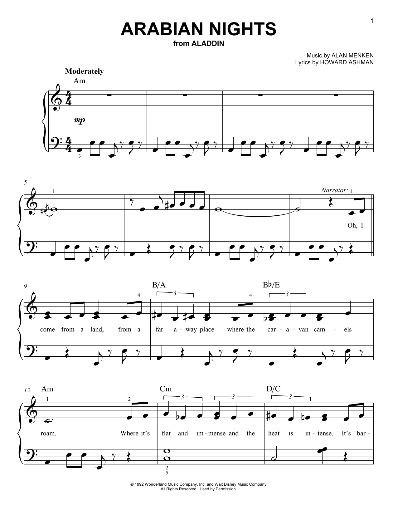 Alan Menken Arabian Nights sheet music notes and chords arranged for Easy Piano