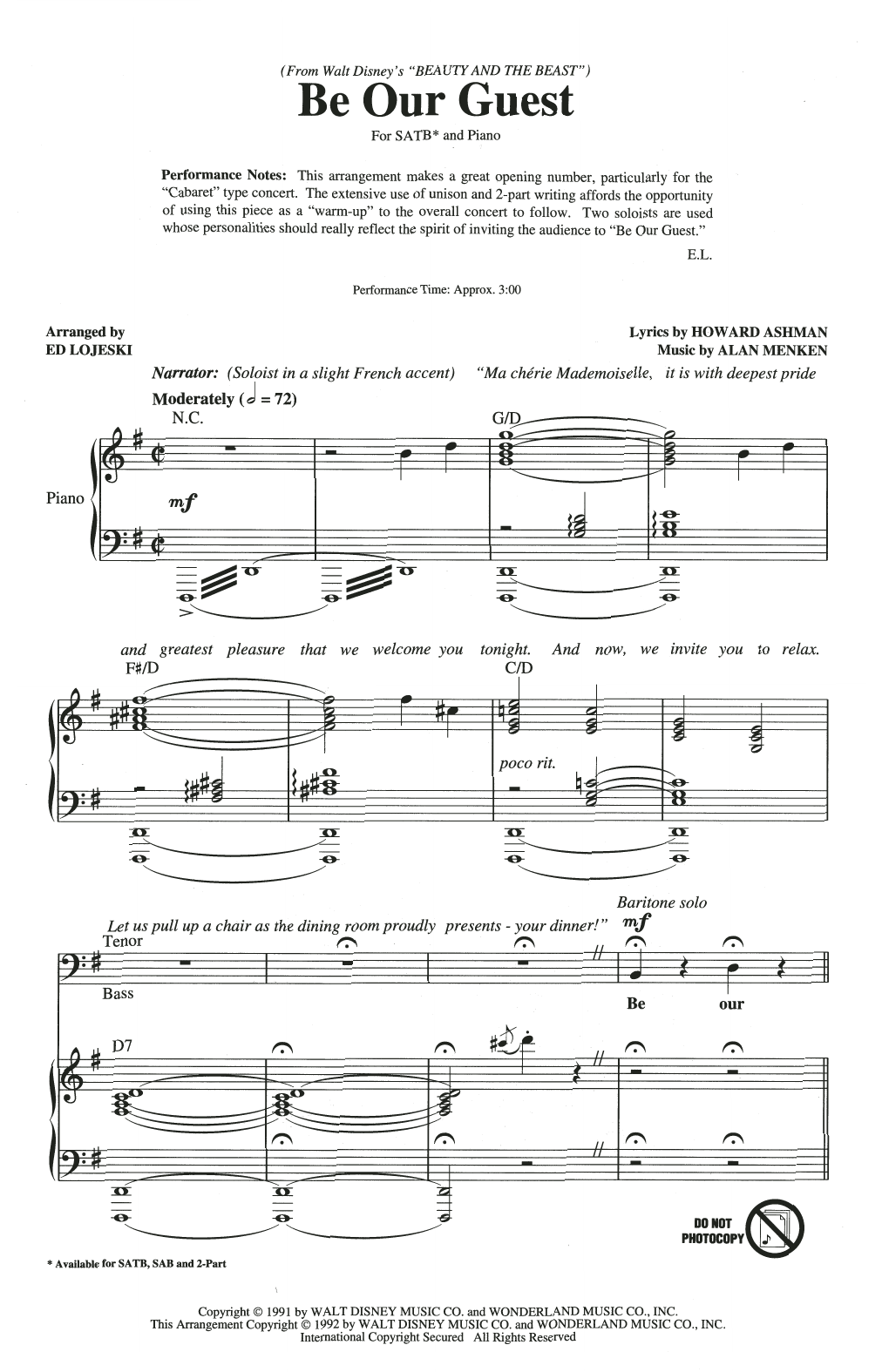 Alan Menken Be Our Guest (from Beauty And The Beast) (arr. Ed Lojeski) sheet music notes and chords. Download Printable PDF.