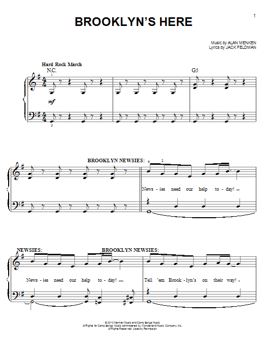 Learn to play Alan Menken Brooklyn's Here (from Newsies) sheet music for Easy Piano in minutes. Price: 6.9900$ Alan Menken Brooklyn's Here (from Newsies) sheet music notes and chords arranged for Easy Piano